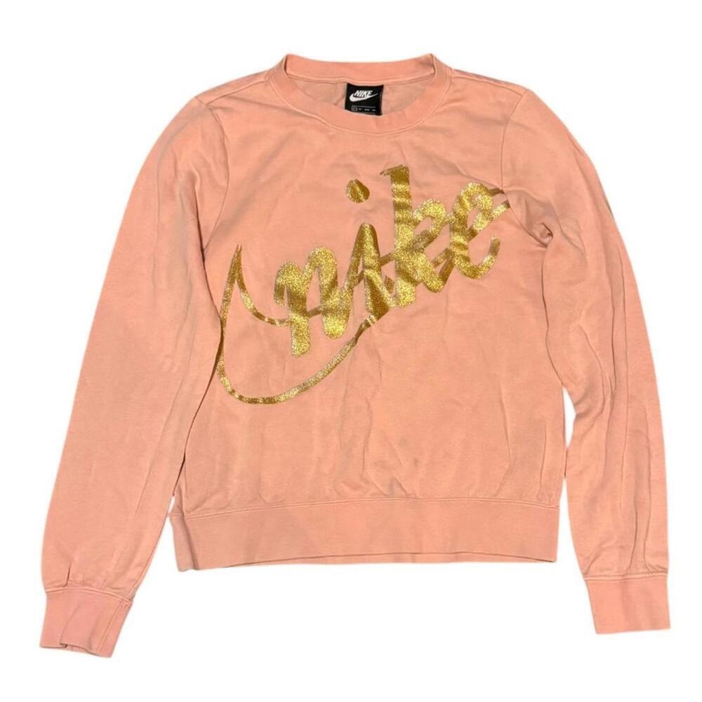 Nike Blush Pink Crewneck Sweatshirt Gold Metallic Logo Size Xs